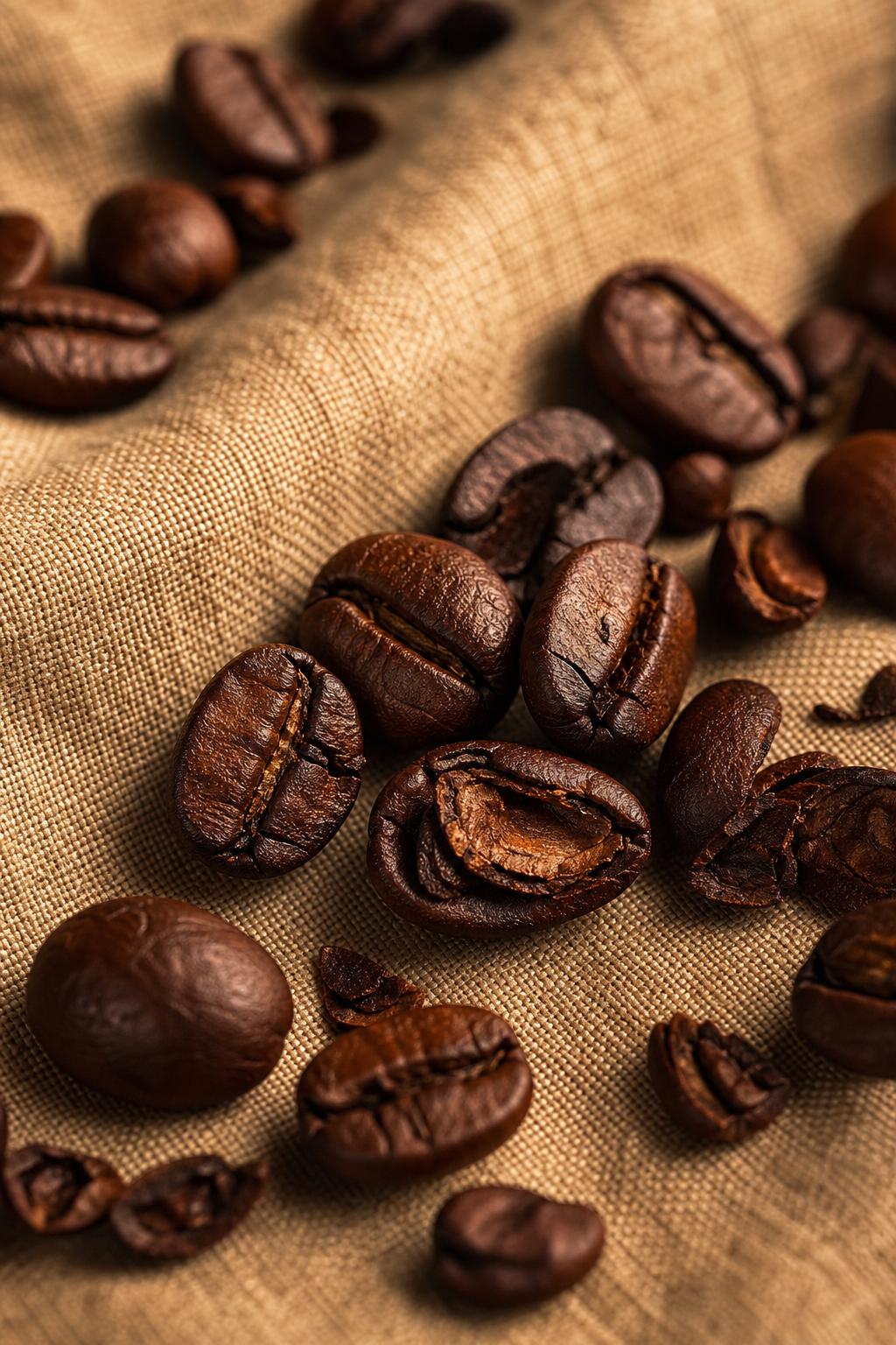 Coffee beans on warm linen