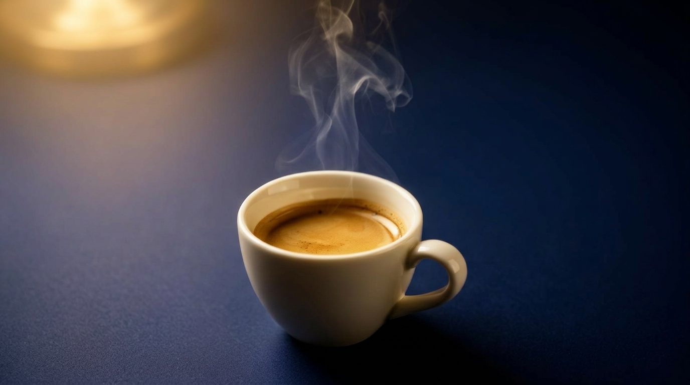 A steaming espresso softly lit by golden light