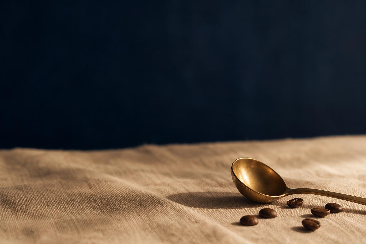 Dark roasted coffee beans softly lit by warm golden light